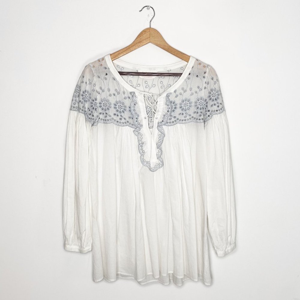 See By Chloe White Peasant Blouse with Gray Embroidery